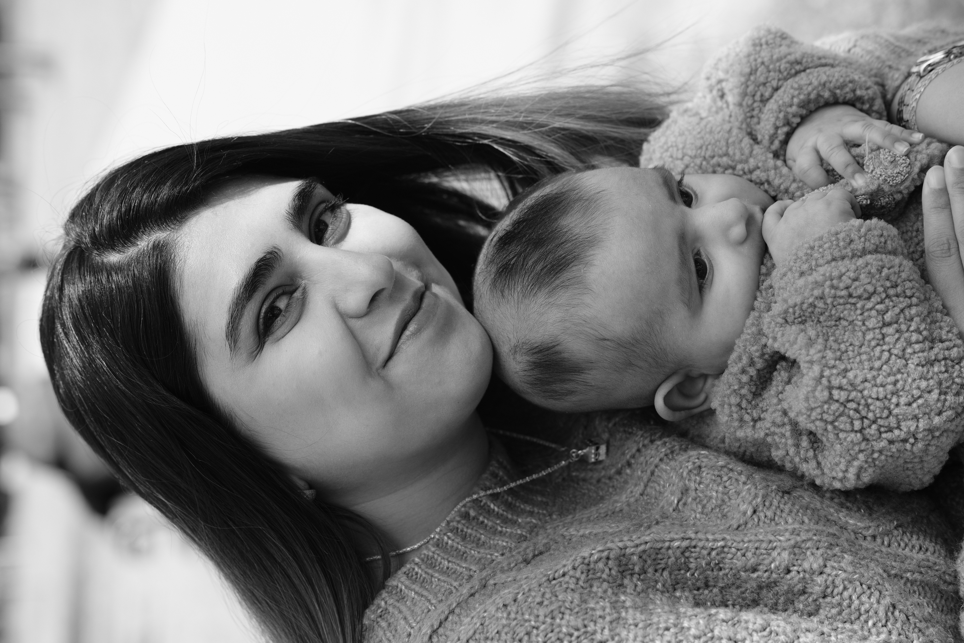Mother and baby portrait in black and white